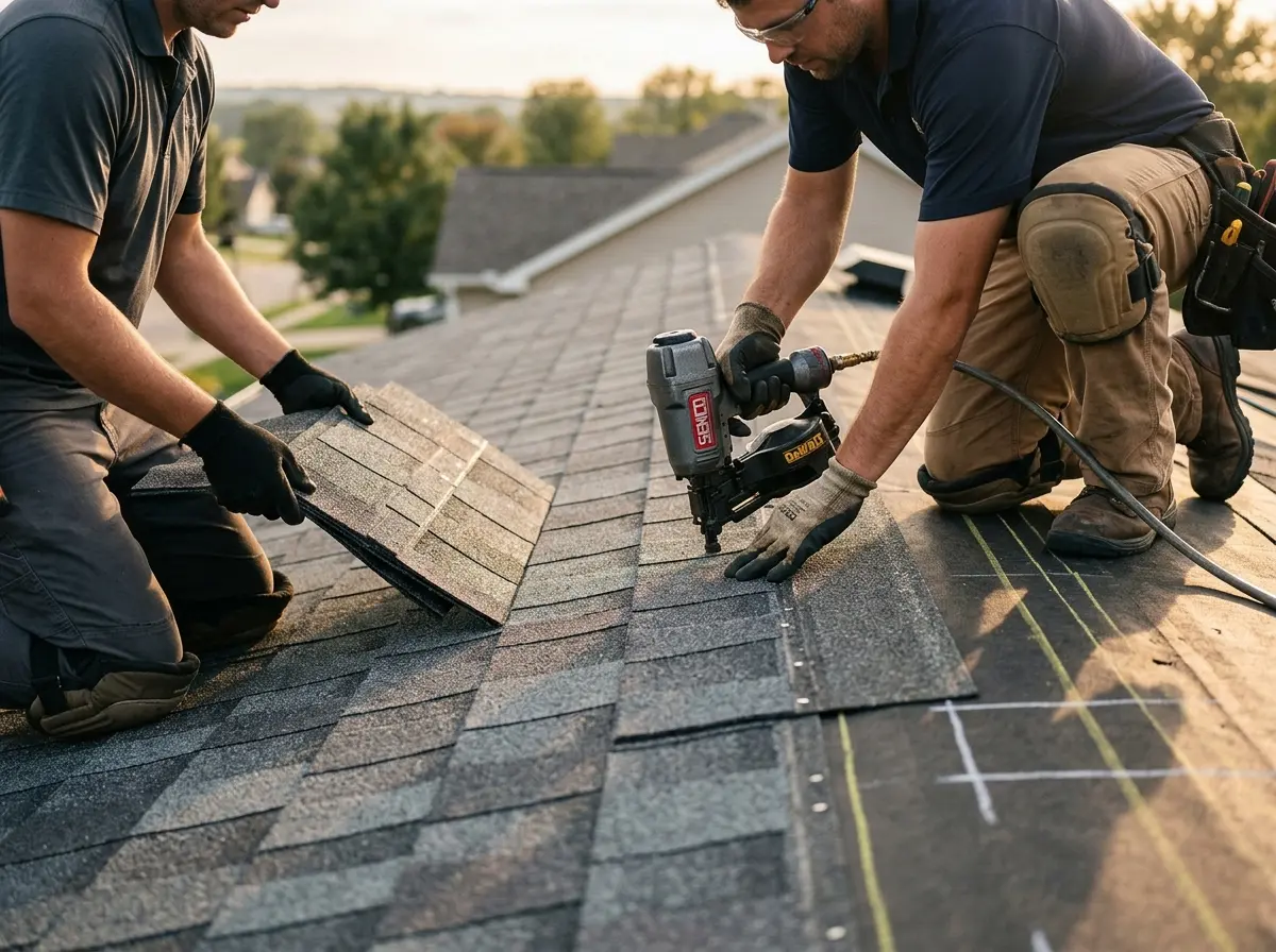 Professional roofer working on a residential roof in Maidencreek